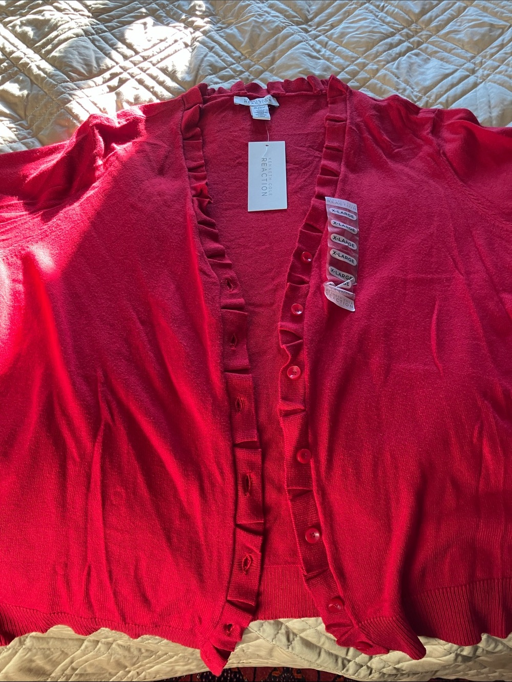 Kenneth Cole Reaction Red Ruffle-Trim Button Cardigan